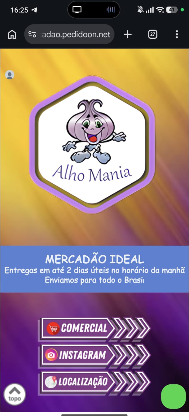 Tela real de entrada do cardápio digital Alho Mania, com a logo e os acessos comercial, Instagram e localização